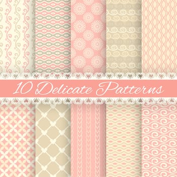 10 Pastel loving wedding vector seamless patterns (tiling). Fond pink, green, white and blue colors. Endless texture can be used for printing onto fabric and paper or invitation. Heart, flower, curl.