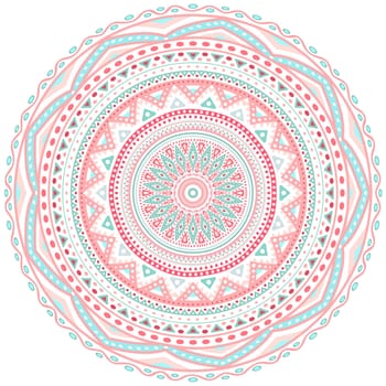 Decorative pink and blue round pattern frame on white background. Vector illustration for cute feminine and baby design. Dot and wave shapes. Oriental rug / napkin. Tribal ethnic ornamental textile.