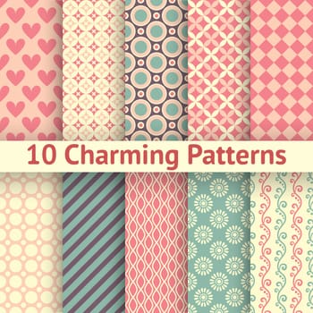 10 Charming different vector seamless patterns (tiling). Sweet pink, blue and lemon cream colors. Endless texture can be used for printing onto fabric and paper. Heart, flower and dot shape.
