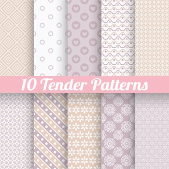 10 Tender loving wedding vector seamless patterns (tiling). Fond beige and white colors. Endless texture can be used for printing onto fabric and paper or invitation. Heart, flower, dot.
