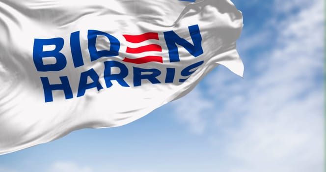 Washington D.C., US, april 2023: Flag with Biden Harris 2024 presidential election campaign flag waving on a clear day. Illustrative editorial 3d illustration render