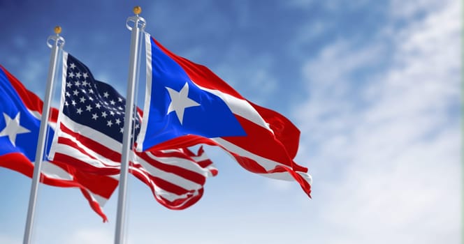 Flag of Puerto Rico waving with the United States flag on a clear day. Puerto Rico is a Caribbean island and unincorporated territory of the United States. 3D illustration render. Fluttering fabric