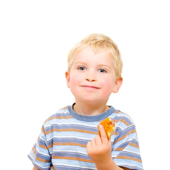 Cute little boy eating delicious cookie isolated on white background