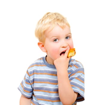 Cute little boy eating delicious cookie isolated on white background