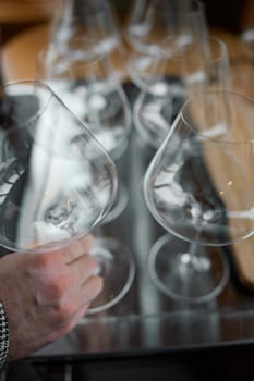 Clean wine glasses are on the table of a special wine cabinet, stylish table setting, ice, bottle of sparkling wine, light from window, decoder and degasser. High quality photo
