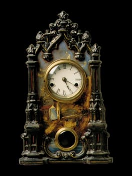 Patented 1849 American mantel clock in a Gothic Revival style. Features ornate dark metalwork, a painted scene, and a classic round dial. Represents 19th-century American craftsmanship and decorative arts.