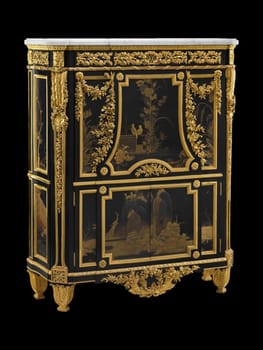 Exquisite 1783 drop-front secretary (secretaire en armoire) by Jean-Henri Riesener. Features black lacquer, ornate gilt bronze mounts, and a marble top. Represents Louis XVI era French luxury and craftsmanship.