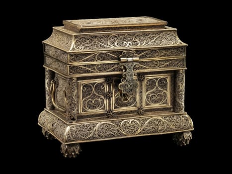Exquisite 17th-century casket with intricate silver filigree and a sliding top. Showcases delicate metalwork and historical artistry. Represents a bygone era of detailed craftsmanship.