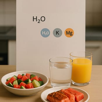 AI generated image showing mineral-rich water, fresh juices, and hydrating foods like watermelon and cucumber with scientific infographic of molecular structures and health benefits