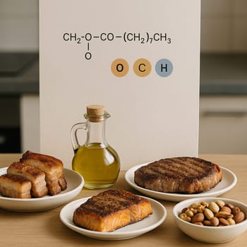 AI generated image of delicious high-fat foods including pork belly, marbled steak, olive oil, salmon and nuts with scientific infographic showing molecular structure of lipids nutritional information