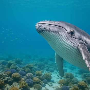 AI generated cheerful whale peeking with friendly smile in vibrant turquoise ocean surrounded by colorful coral reef and schooling fish perfect for marine conservation themes
