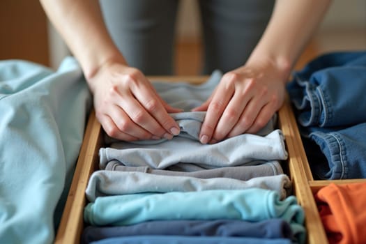 Hands neatly fold and arrange colored shirts in a wooden drawer, creating an organized and visually appealing clothing storage solution at home - housekeeping concept - Generative AI