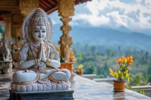Stone statue of a Hindu deity performing the Namaste gesture seated in a temple setting. The tranquil background of misty hills enhances the spiritual and peaceful atmosphere.