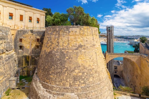 Fortified walls of Valletta and the upper Barrakka lift, Malta.