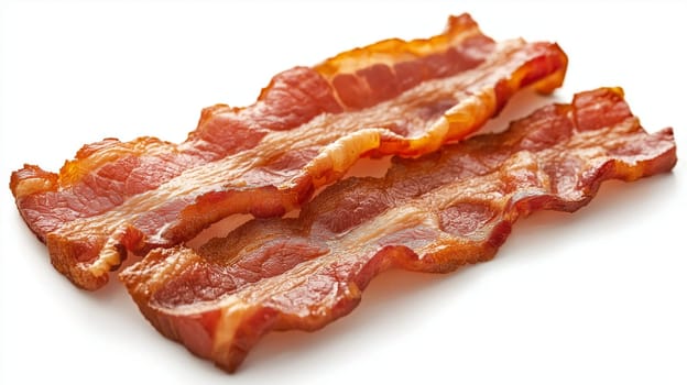 Three strips of perfectly cooked bacon lay flat on a white surface, showcasing their crispy texture and rich golden-brown color, ready to be enjoyed as a savory breakfast option.