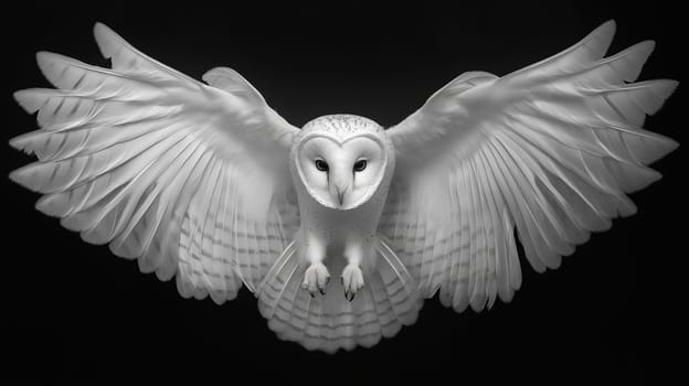A barn owl is captured mid-flight with its wings fully extended, showcasing its impressive plumage against a dark backdrop. This moment highlights the owl's beauty and grace in motion.