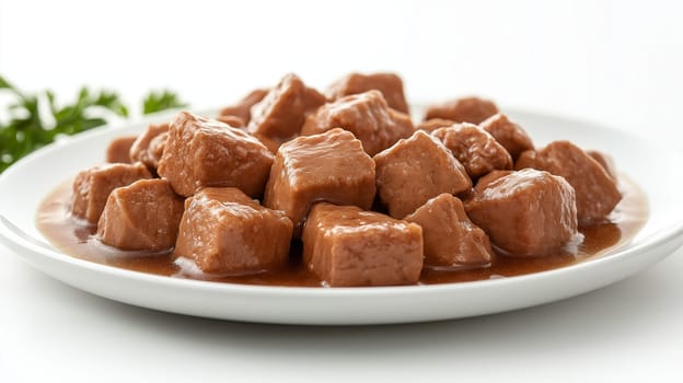 Close-up of gourmet wet cat food, neatly arranged on a white ceramic plate, showcasing tender chunks in rich gravy, isolated on a white background.