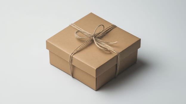 Eco-friendly kraft paper box with jute twine bow, isolated on a clean white background.