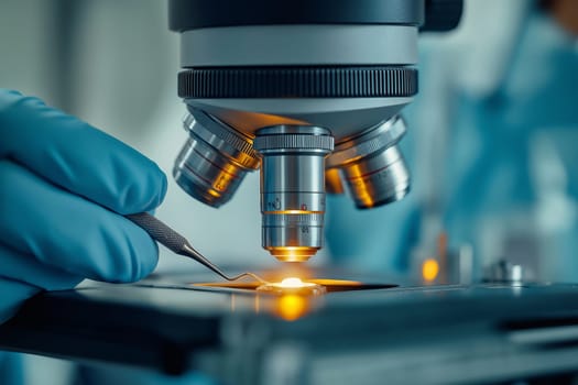 An endodontist uses precision tools under a microscope to perform a root canal on a patient, ensuring careful treatment of the tooth in a modern dental office.