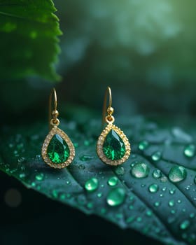 Delicate gold earrings featuring vibrant emerald stones rest on a lush green leaf with droplets of water. The soft light enhances the elegance of the jewelry and natural surroundings.