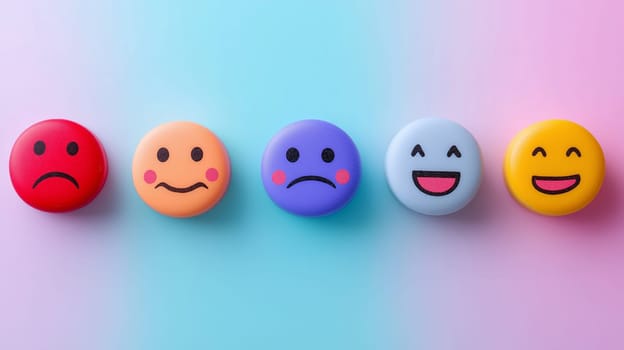 Brightly colored icons representing six different emotions are arranged on a blue surface. Each icon depicts a distinct facial expression, capturing happiness, sadness, and anger.