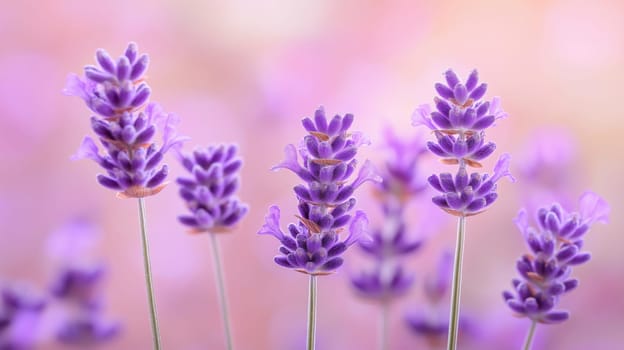 Vibrant lavender flowers stand tall against a softly blurred background in a peaceful garden. The delicate petals showcase shades of purple, adding tranquility to the serene atmosphere.