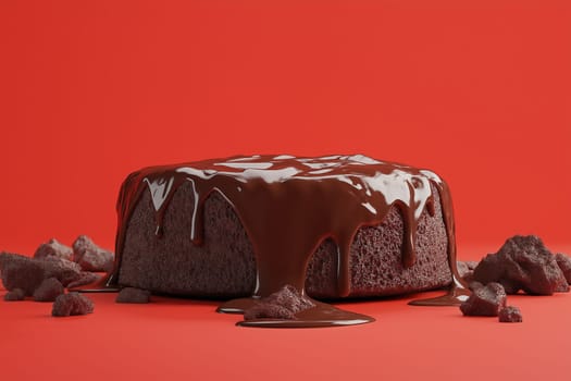 Close-up view of a freshly baked chocolate lava cake sitting on a vibrant red surface.