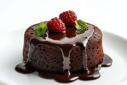 Delicious chocolate lava cake is served warm, with rich molten chocolate oozing from the center. Topped with fresh raspberries and mint, it tempts dessert lovers everywhere.