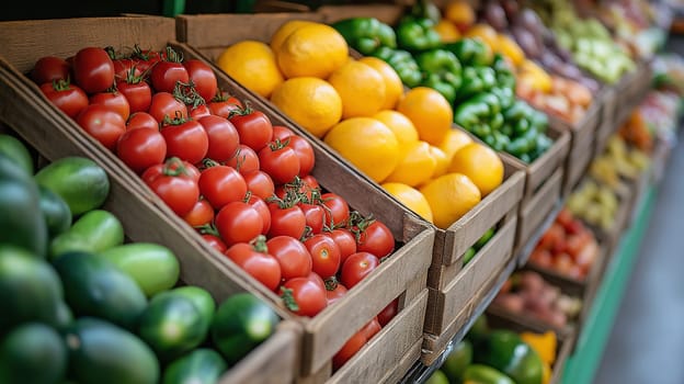 Fresh tomatoes, lemons, and bell peppers are neatly arranged in wooden boxes in a grocery store aisle. The vibrant colors create an appealing atmosphere for shoppers seeking healthy options.