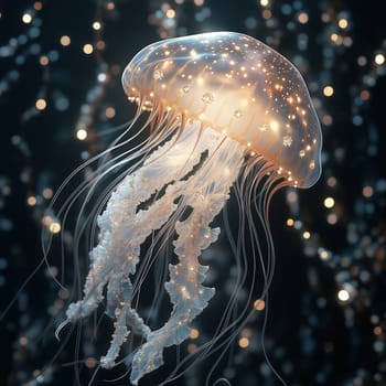 A glowing jellyfish gracefully drifts through dark waters, illuminating its surroundings with a soft light. Its long tentacles flow gently, creating an ethereal atmosphere in the ocean depths.