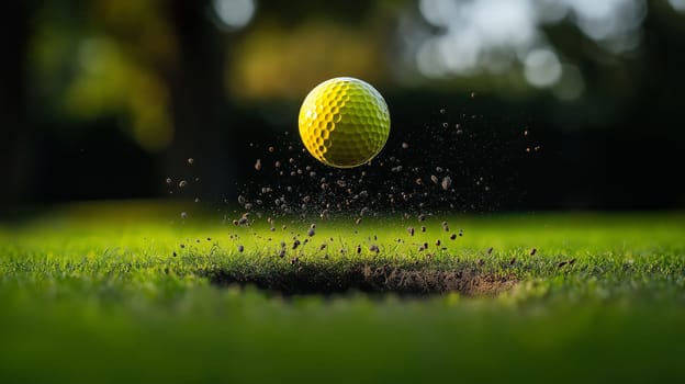 A bright yellow mini-golf ball is captured mid-air, floating above a freshly dug hole on a sunny afternoon. The grass is lush and green, enhancing the cheerful atmosphere of the moment.