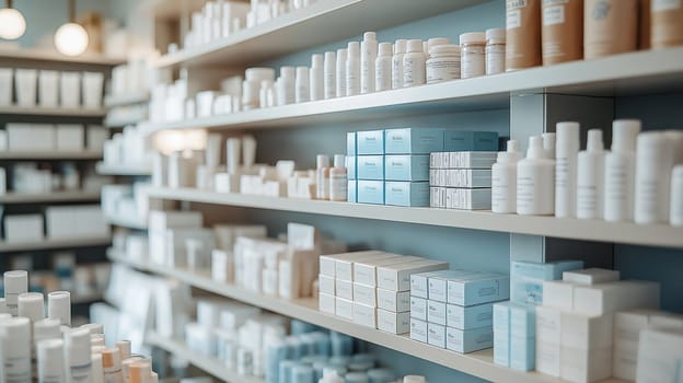 Shelves in a pharmacy display a variety of neatly organized health and beauty products. Items are arranged in an orderly manner, creating a welcoming shopping experience for customers.