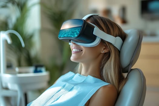 A patient displays anxiety by gripping the chair arms tightly while wearing a virtual reality headset during a dental visit. The dentist nearby prepares to assist, ensuring comfort.