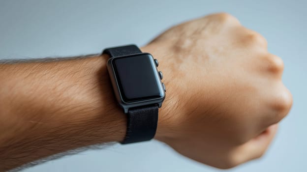 The image captures a close-up of a muscular male wrist adorned with a sleek black watch. The background features a soft focus, suggesting an urban environment.
