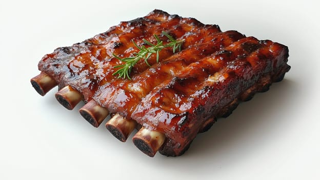 A succulent, tender pork rib, coated in a sticky glaze, isolated on a clean white background. The rich color of the meat and glaze contrasts against the simple, minimal backdrop, emphasizing the juiciness.