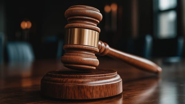 The gavel is elevated high above its wooden base, symbolizing the authority of the judge. The dimly lit courtroom setting suggests a serious atmosphere, conveying the weight of legal proceedings.