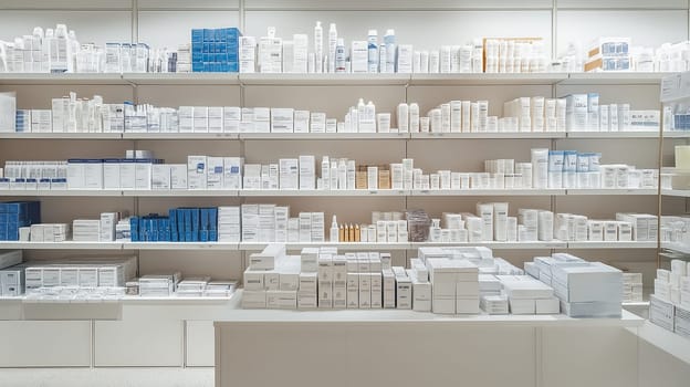 Shelves in a pharmacy display a variety of neatly organized health and beauty products. Items are arranged in an orderly manner, creating a welcoming shopping experience for customers.