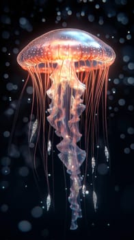 A glowing jellyfish gracefully drifts through dark waters, illuminating its surroundings with a soft light. Its long tentacles flow gently, creating an ethereal atmosphere in the ocean depths.