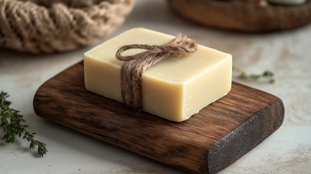 A bar of handcrafted soap is neatly tied with twine and placed on a dark wooden tray. Surrounding elements include natural fibers and small green herbs, showcasing a rustic ambiance.