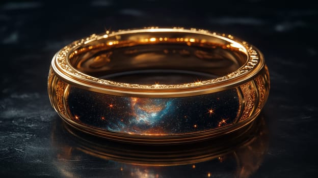 A golden ring hovers elegantly, revealing a stunning cosmic interior filled with bright stars and swirling galaxies, creating a mesmerizing contrast against a dark background.