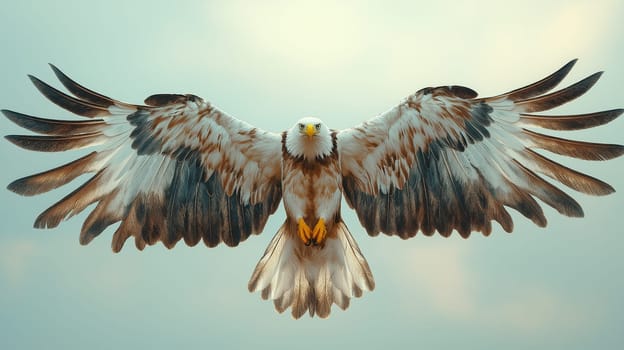 A large bird of prey spreads its impressive wings wide while soaring in the tranquil morning sky. The feathers showcase intricate patterns, emphasizing its strength and beauty.