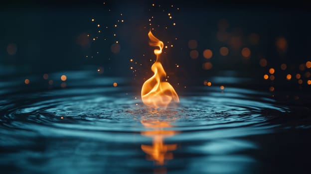 A small flame hovers on calm water, reflecting light in the darkening twilight. The surroundings create a serene atmosphere, emphasizing nature's beauty and tranquility as night approaches.