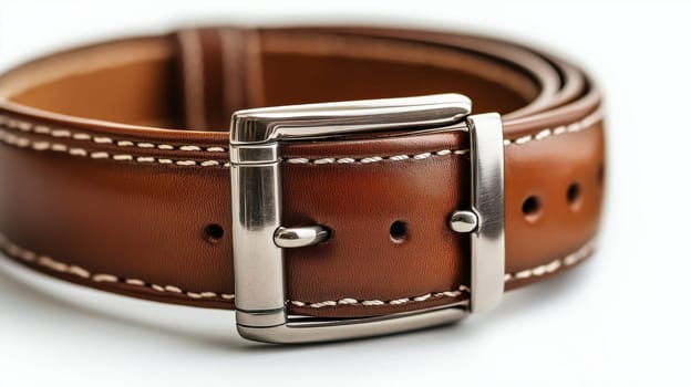 Close-up of a brown leather belt with a polished metal buckle, highlighting the intricate stitching and quality materials. The focus is on the craftsmanship of the accessory.