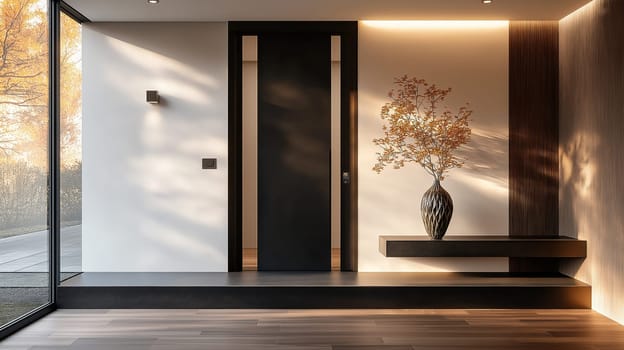 A sleek entrance area showcases a contemporary door and large windows allowing sunlight to flood in. Potted plants add a touch of nature to this elegant space.