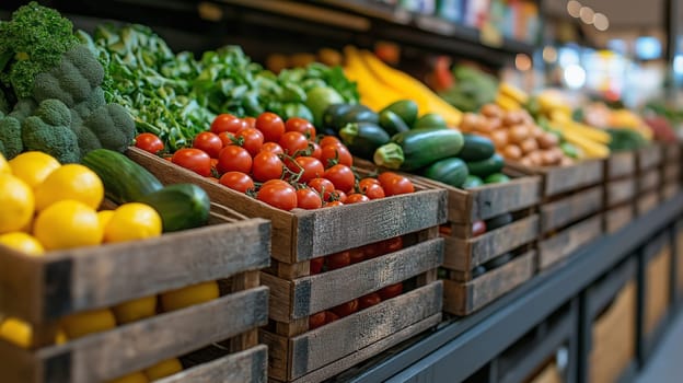 Fresh tomatoes, lemons, and bell peppers are neatly arranged in wooden boxes in a grocery store aisle. The vibrant colors create an appealing atmosphere for shoppers seeking healthy options.