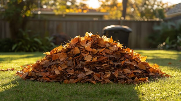 Colorful autumn leaves are gathered into a large pile on lush green grass, illuminated by warm sunlight. The vibrant hues add a cozy feel to the outdoor space during fall.