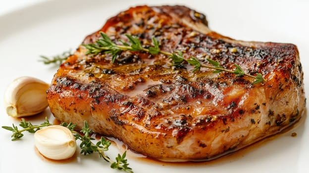 A succulent pork chop garnished with fresh garlic and thyme, isolated on a white background. The rich golden-brown crust and tender center of the meat are accentuated by the vibrant herbs.
