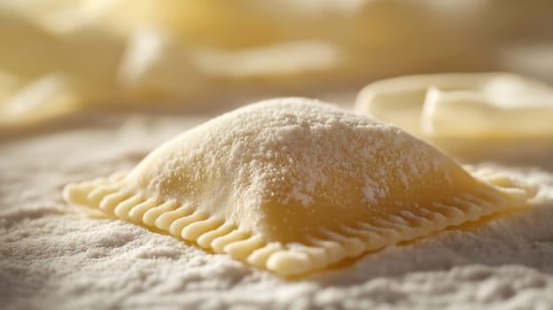 Delicate ravioli filled with a savory mixture sits on a floured wooden counter. The kitchen atmosphere is warm, with ingredients prepared nearby for a cooking session.