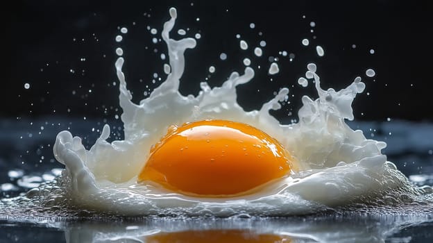 A raw egg is suspended in motion, its yolk and white splattering as it breaks, creating a dynamic splash that captures the essence of movement and texture.