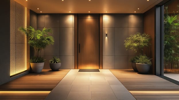 Modern entrance hall with stylish plants and sleek design elements. The entrance hall features elegant wooden flooring, contemporary plants in decorative pots, and a minimalist door surrounded by soft lighting. The decor blends modern aesthetics with comfort.